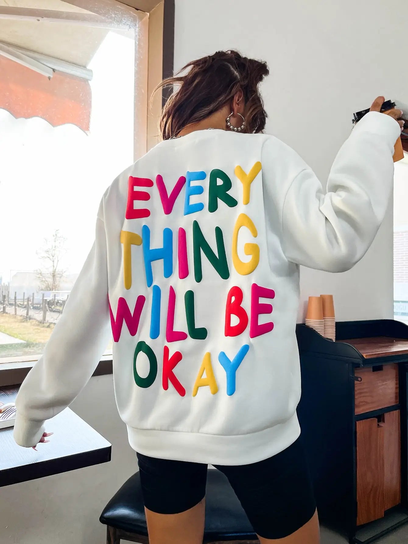 Fashion Womans Sweatshirt Everything Will Be Okay Letter Printed Pullover Loose Warm Crewneck Hoodies Casual Female Clothing