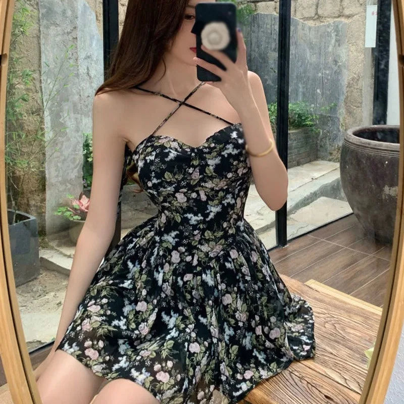 Fashion Bandage Flower Printed Slip Dresses Sweet Women's Sleeveless Elegant Dress Slim Fit Vintage Summer Outfit Evening Dress